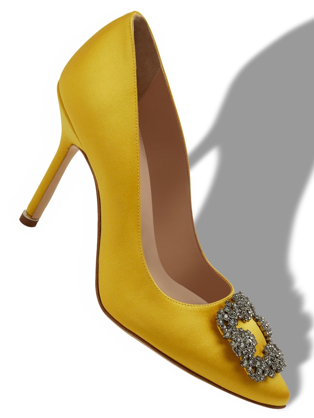Manolo Blahnik HANGISI Yellow Satin Pointed-Toe Pumps with Crystal Buckles